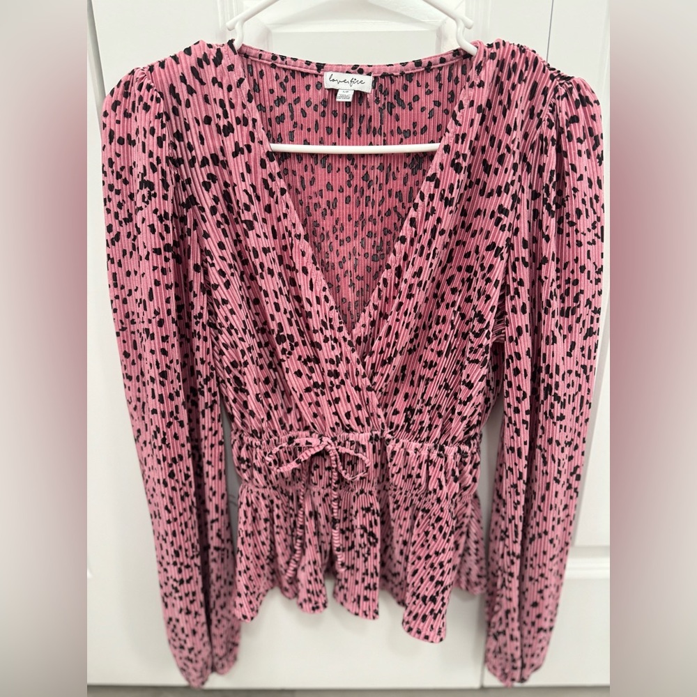 LoveFire Pink Leopard Top Size Small Animal Print Elastic Waist Ruffled Blouse